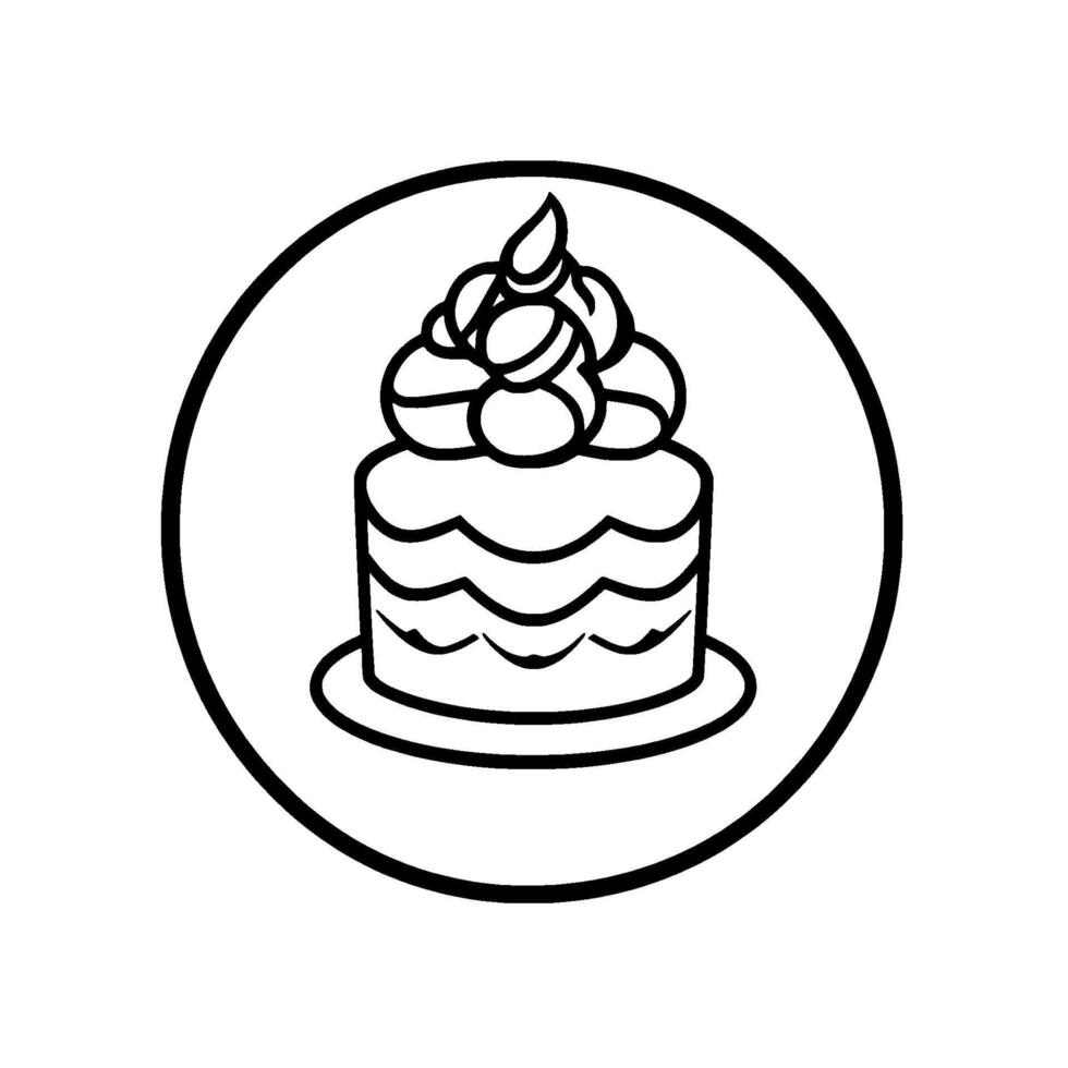 Black and white minimalist circular featuring a layered cake, topped with decorative frosting or whipped cream. vector