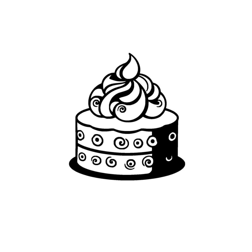Simple illustration of a twolayered cake, featuring a swirling, stylized frosting and intricate spiral patterns as decoration, in a minimalist monochrome style. vector