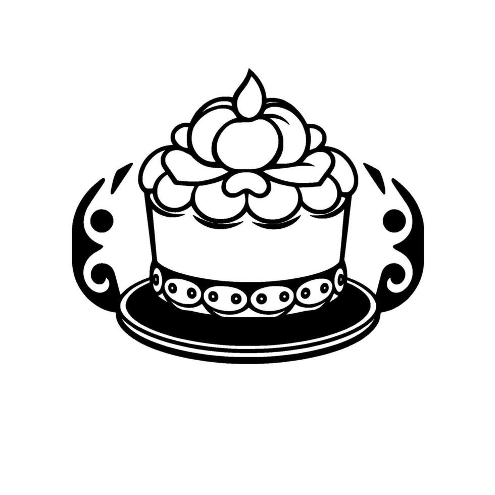 Elegant Black and White Illustration of a Layered Cake with Decorative Floral Frosting and Ornate Side Accents on a Round Plate. vector