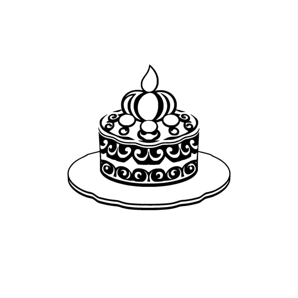 Detailed Black and White Illustration of a Tiered Cake with Ornamental Details, Decorative Top, and Serving Platter on a White Background. vector