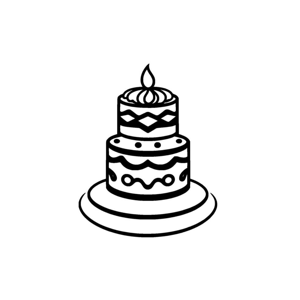 Minimalist Black and White Illustration of a ThreeTiered Birthday Cake with a Lit Candle on Top, Set on a Circular Stand. vector