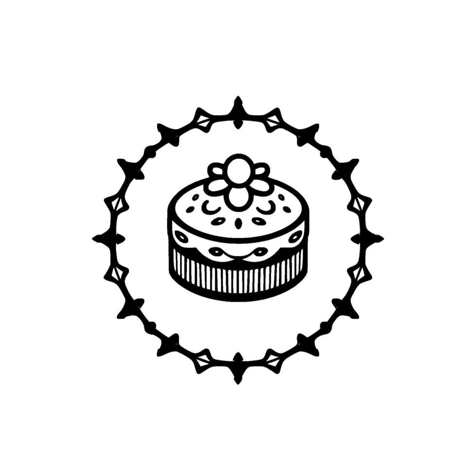 A circular black and white illustration featuring a decorated cake inside a decorative frame, with a floral top and vintage style. vector