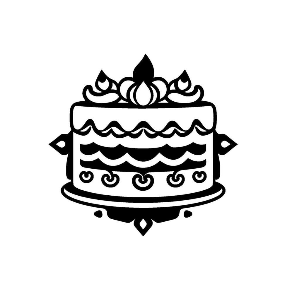 Elegant Black and White Tiered Cake with Floral and Swirl Embellishments on a Decorative Stand, Isolated on White. vector
