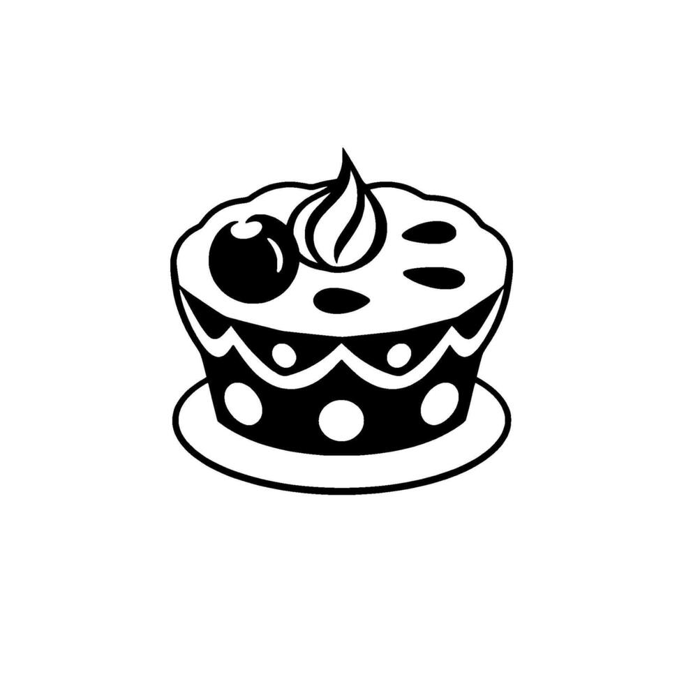Stylized Black and White Illustration of a Decorated Cupcake with a Cherry, Icing Swirl, and Polka Dots, Isolated on White. vector