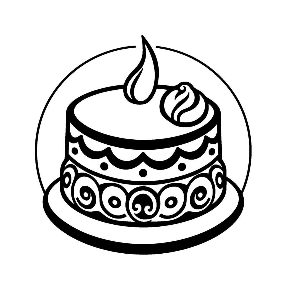 Monochrome Illustration of a TwoTiered Cake with Ornate Scrollwork Base, Decorative Icing, and Candle within Circular Border. vector