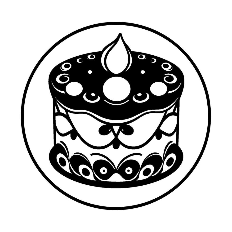 Intricate Black and White Cake Within a Circular Frame, Featuring Detailed Floral Patterns and Decorative Elements. vector