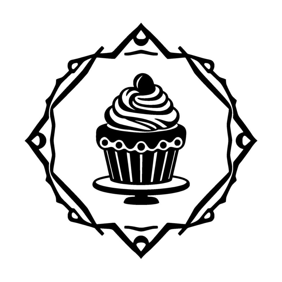 A meticulously crafted monochrome illustration, a cupcake with intricate frosting and a cherry sits elegantly within a decorative, geometric diamond frame, evoking a sense of classic bakery charm. vector