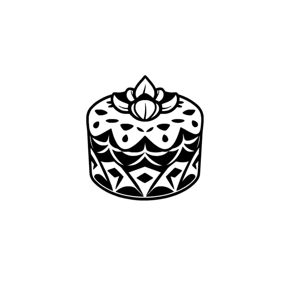An Isolated, Ornate Black White Cake Featuring Detailed Geometric Floral Patterns with a Central Leafy Topping, Set Against White. vector