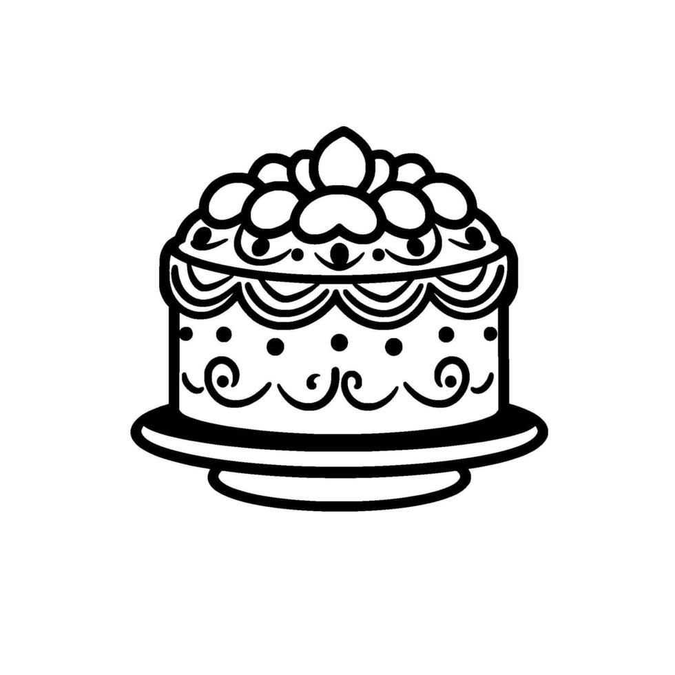 Black and white decorated cake illustration with ornate details, served on a cake stand, showcasing a vintage and elegant . vector