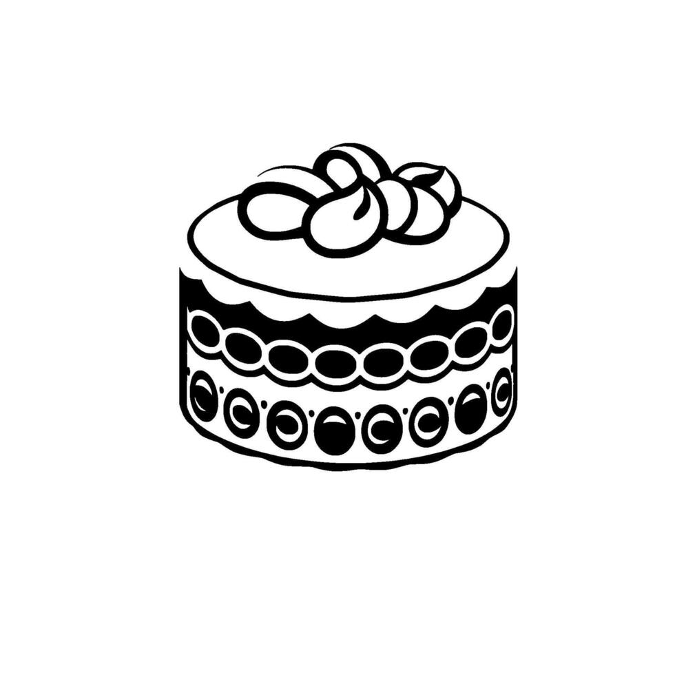 Black and white illustration of a round layered cake with intricate circular and scalloped decorative patterns, topped with stylized swirl frosting. vector