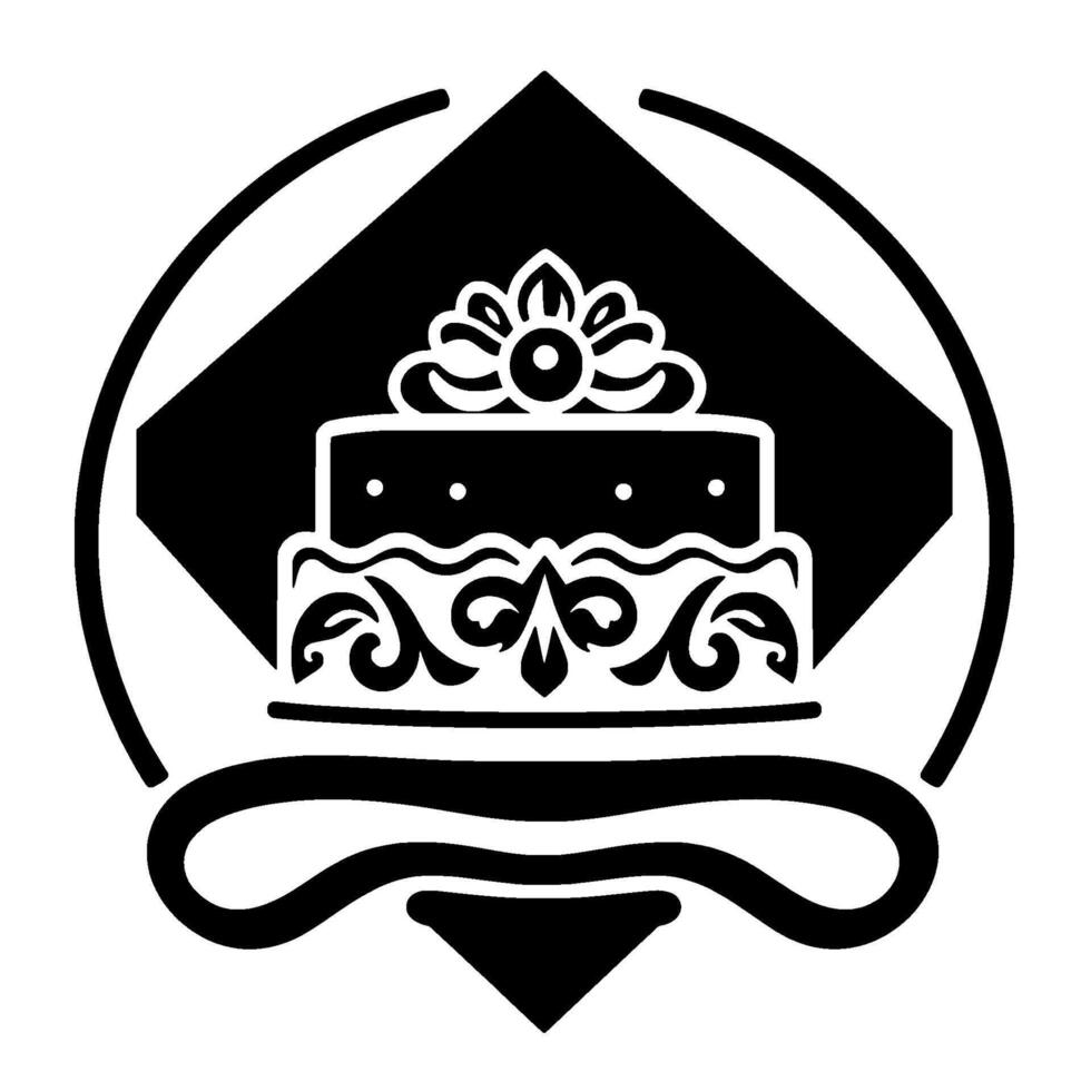 Stylized Black and White Illustration of a TwoTier Cake with Ornate Decorations, Set Within a Geometric Frame. vector