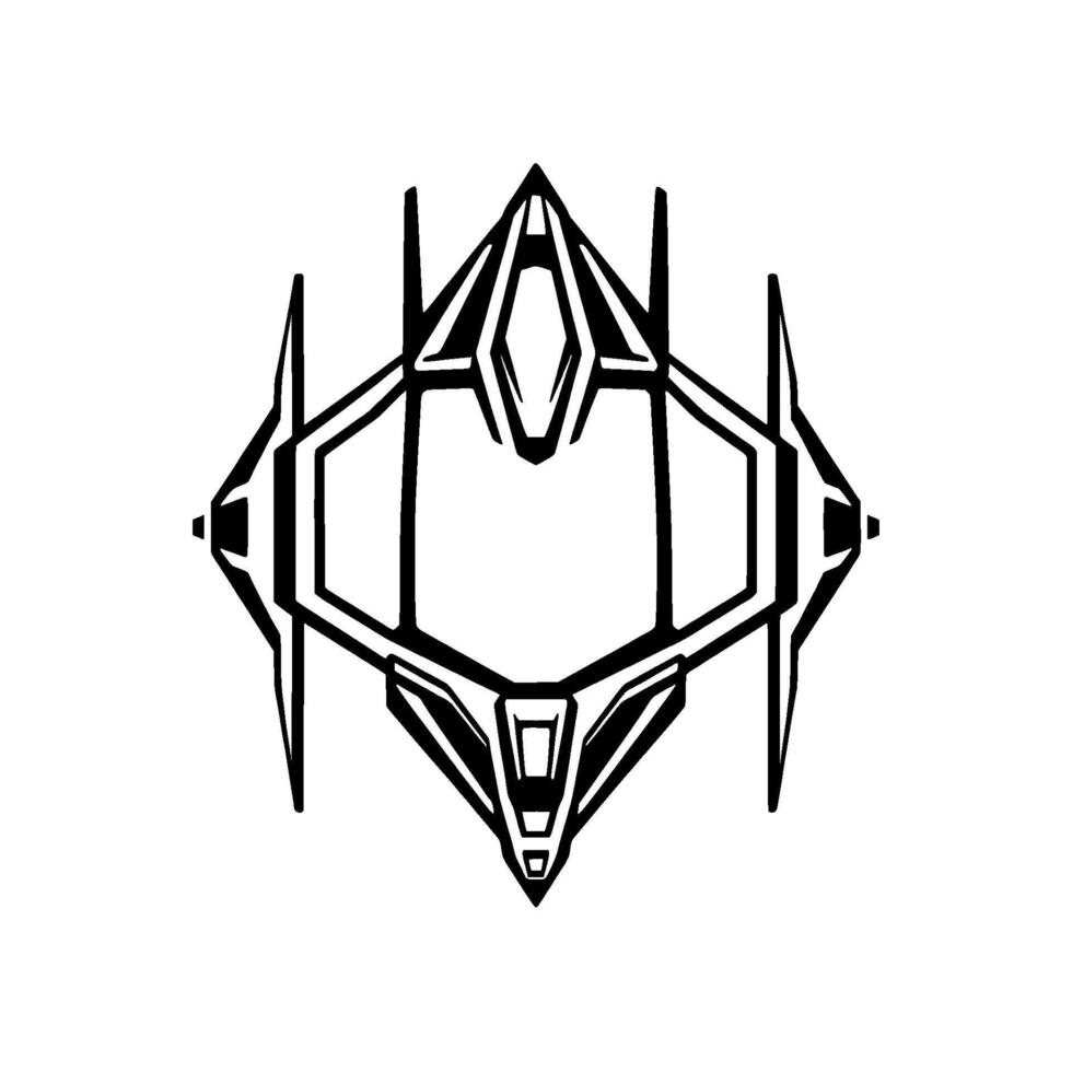 Symmetrical Black and White Geometric Spacecraft Illustration Futuristic with Sharp Angles, Edges, and Angular Shapes. vector