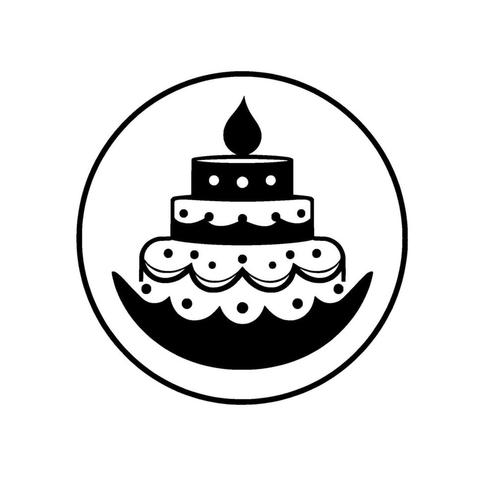 Black White Circular of a ThreeTiered Cake with Candle, Decorative Details, and a Festive . vector