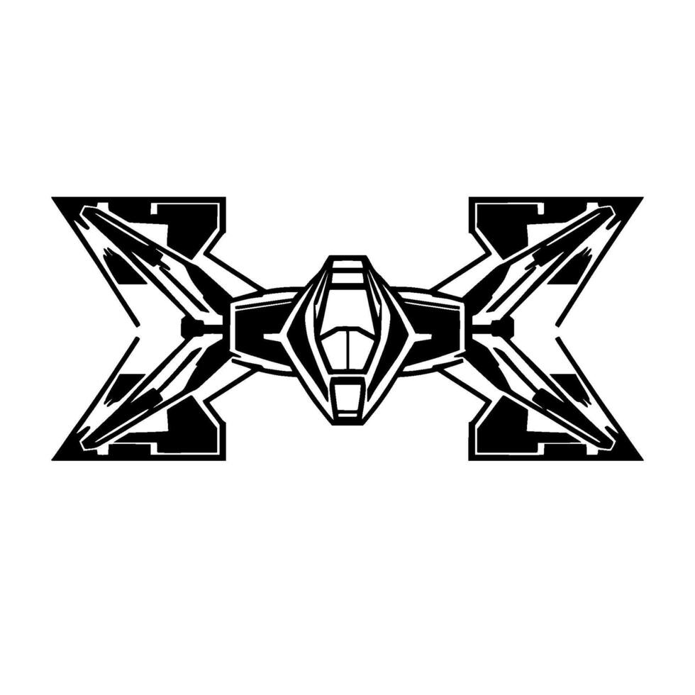 Futuristic symmetrical black and white spaceship , geometric shape with pilot cabin in the center, with a dynamic and modern aesthetic. vector