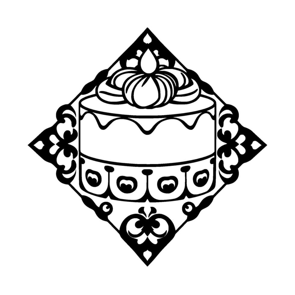 Ornamental Black and White Cake Illustration within a DiamondShaped Border featuring intricate floral and art nouveau . vector