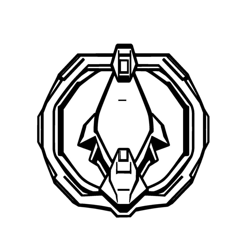 A symmetrical, highcontrast, black and white geometric illustration of a futuristic, shieldlike emblem. vector