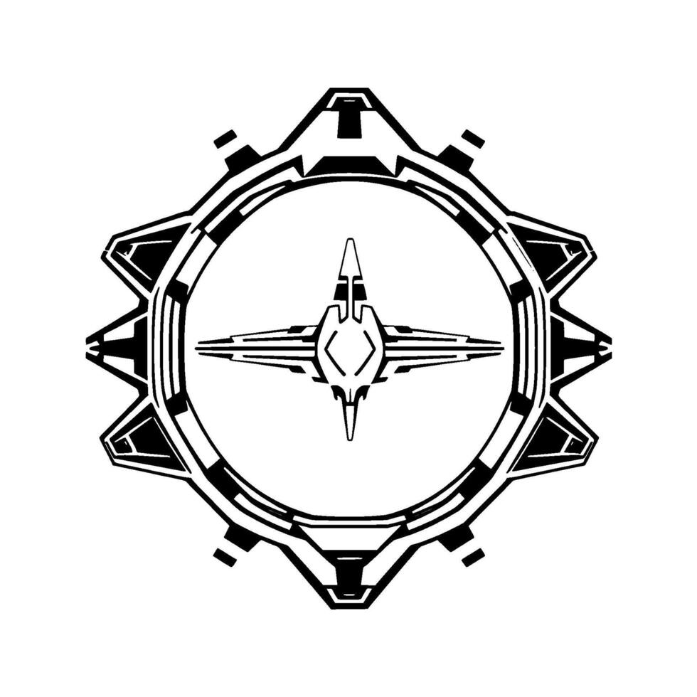 Abstract Black and White Geometric Featuring a Central Starburst or Arrowhead Symbol Within an Intricate GearLike Circular Frame. vector