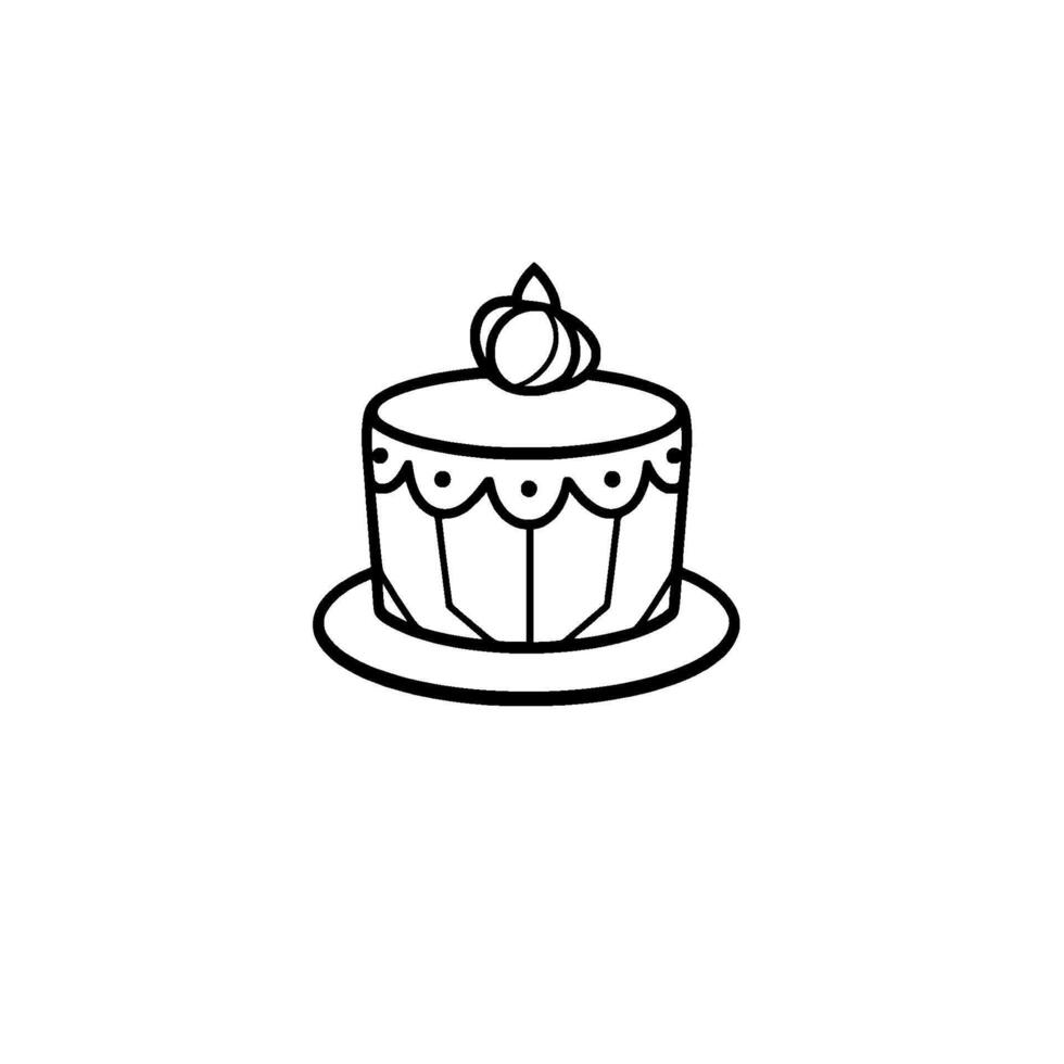 Minimalist black and white illustration of a small, decorated cake with a simple topping, centered on a white background. vector