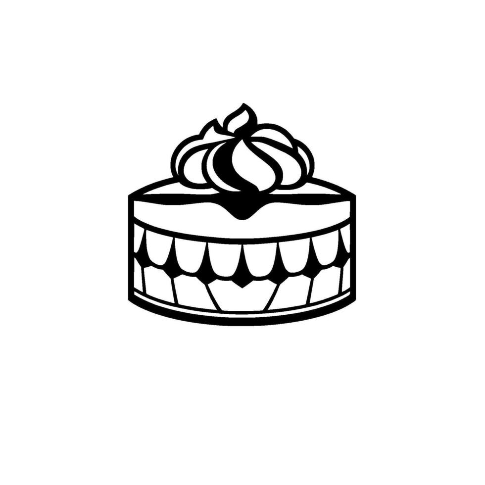 Monochromatic stylized illustration of a cake slice with ornate frosting atop a decorated base, against a white background. vector