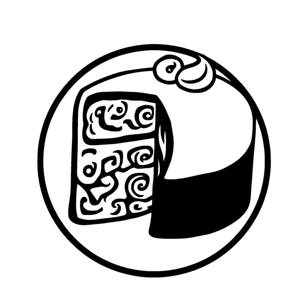 A , monochrome cake illustration on a plate, with a stylized, ornamental slice cut out, decorated with swirly designs and a minimalist finish. vector