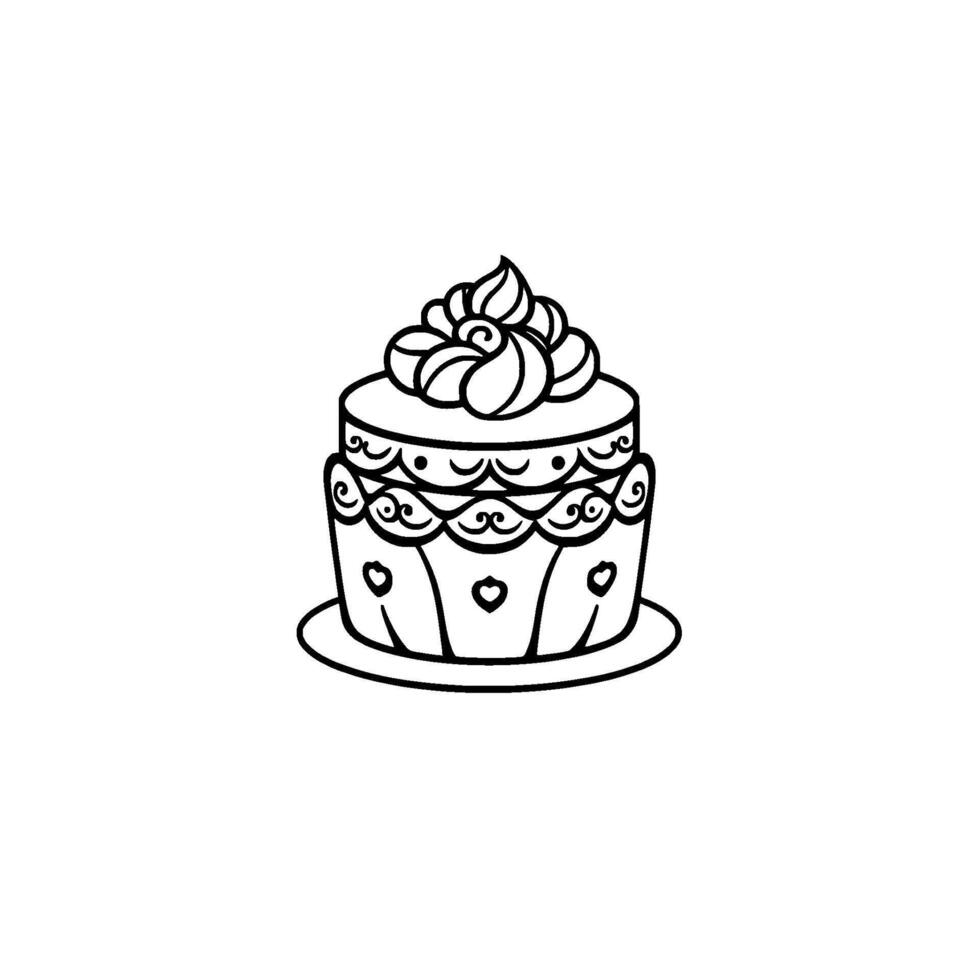 Ornate black and white line drawing of a layered cake with a decorative piped frosting flower, resting on a plate, against a white background. vector