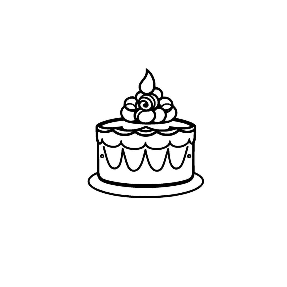 Simple BW Illustration of a TwoTier Cake with Ornate Frosting, Topped with Decorative Icing and a Candlelike Accent, on a White Background. vector