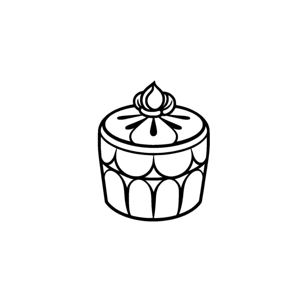 Line art illustration of a tiered, round cake with floral top and scalloped edges, centered on a white background. vector