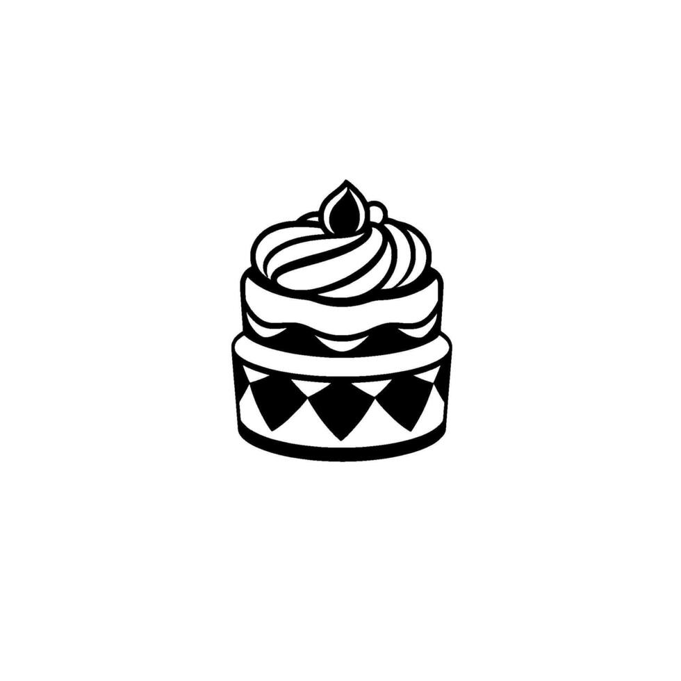 Monochrome Minimalist Illustration TwoTiered Cake with Whipped Cream Top, Diamond Pattern Base, on Clean White Backdrop vector