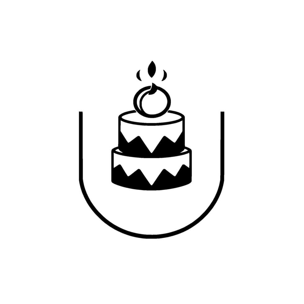 Minimalist Black White Birthday Cake Within a SemiCircular Border with a Candle and a Peach on Top. vector