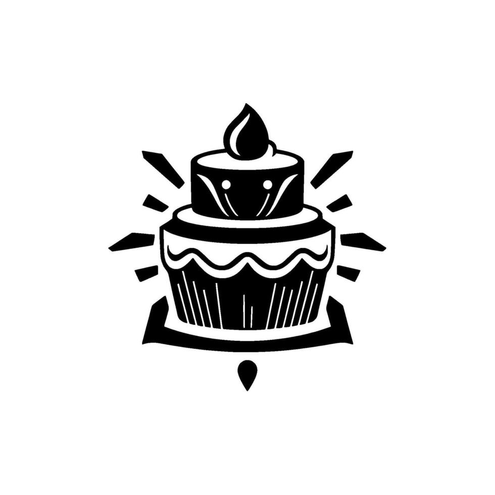A stylized, layered cake illustration in a black and white, geometric art style, featuring a candlelike top and radiating lines. vector