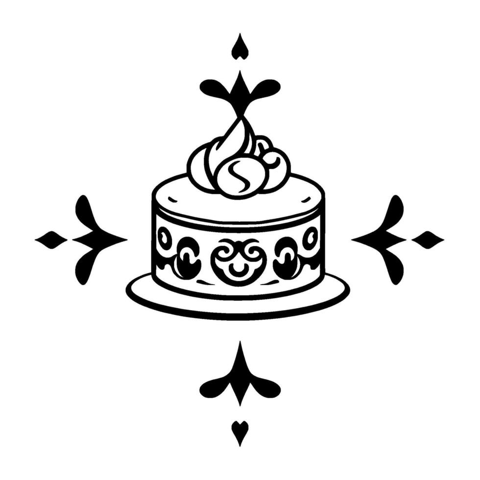 Black and White Ornamental Cake with Decorative Flourishes A symmetrical, elegant evoking a sense of classic celebration. vector