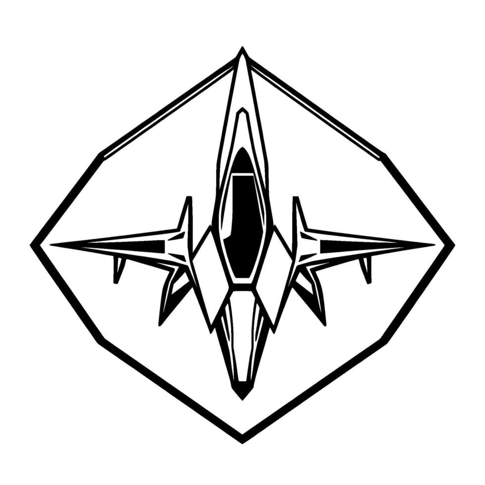 Futuristic Jet Fighter Inside a Geometric Diamond Frame, Bold Black and White Illustration. vector