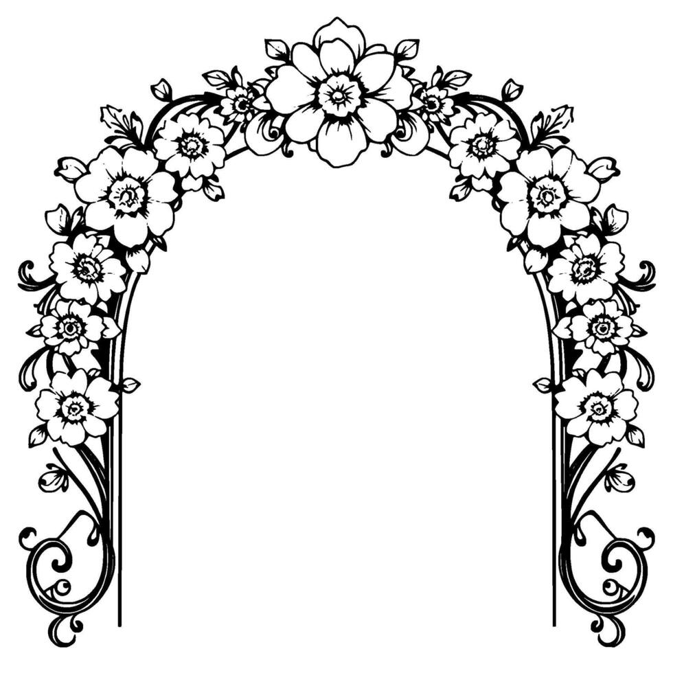 Exquisite Black and White Floral Arch with Detailed Petals and Scrollwork, Perfect for Elegant Invitations, Designs, or Decorations. vector
