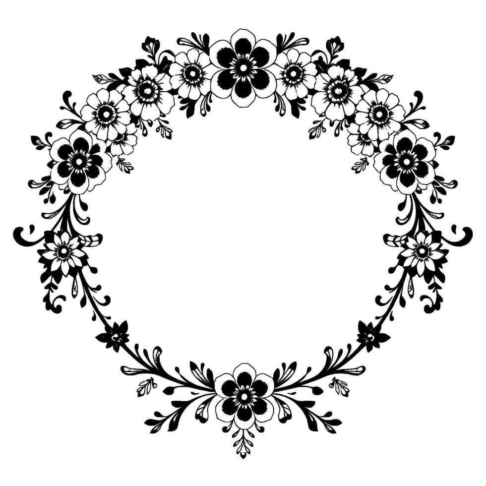 Ornate Black and White Floral Wreath, a symmetrical with stylized flowers, leaves and stems forming an oval frame, offering a vintage aesthetic. vector