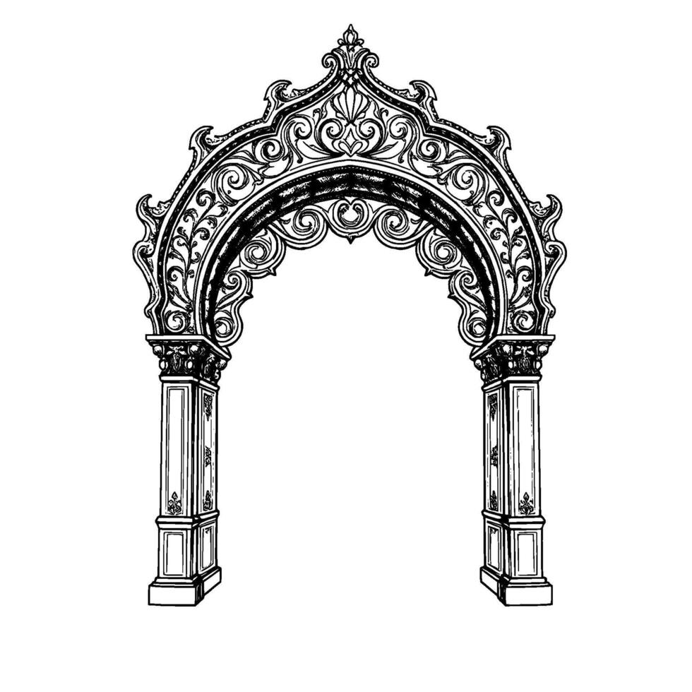 Intricate Black and White Architectural Archway Illustration Featuring Detailed Floral and Scrollwork Ornamentation with Corinthian Capitals. vector