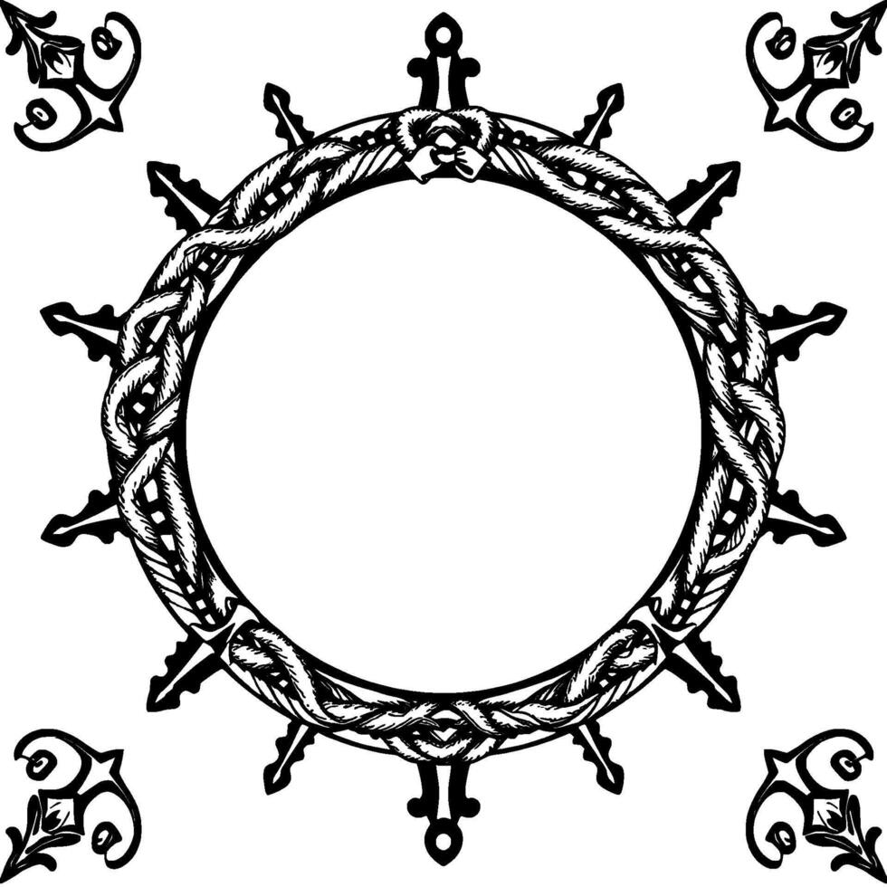 Ornate Black and White Circular Frame Featuring Braided Rope, Decorative Elements, and Ornamental Corner Accents. vector