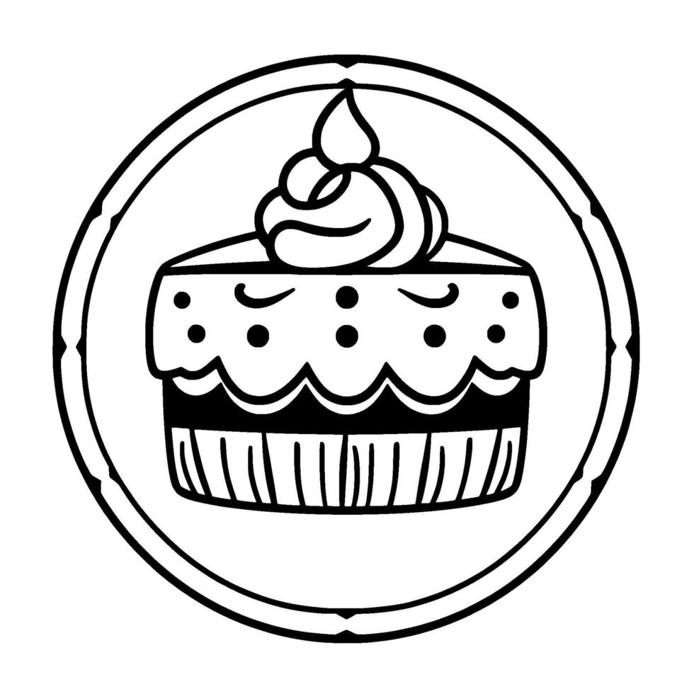 A circular, minimalist black and white features a slice of cake with frosting and decorative elements. vector