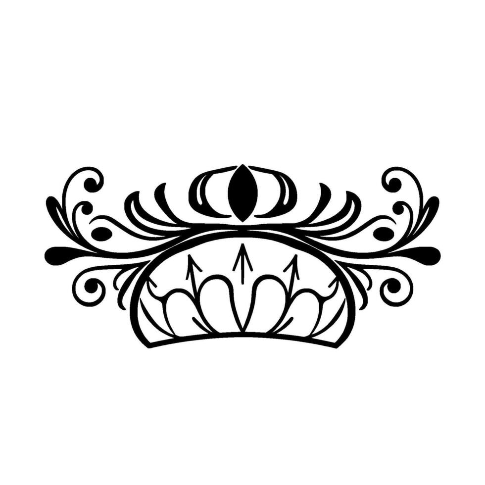 Ornate Black and White Decorative Crown with Swirls and Scrollwork on a White Background. vector