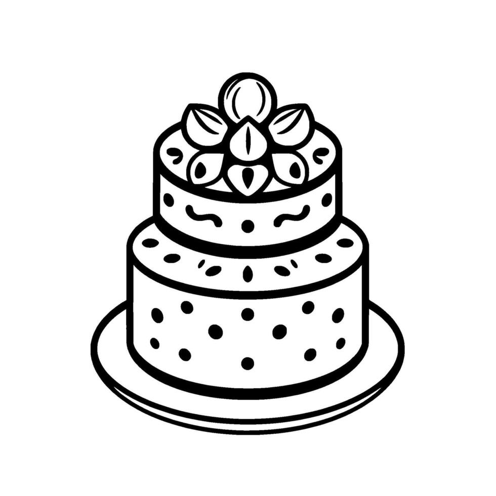 TwoTiered Black and White Cake Decorated with Dots, Ornaments, and a Floral , Set on a Plate. vector