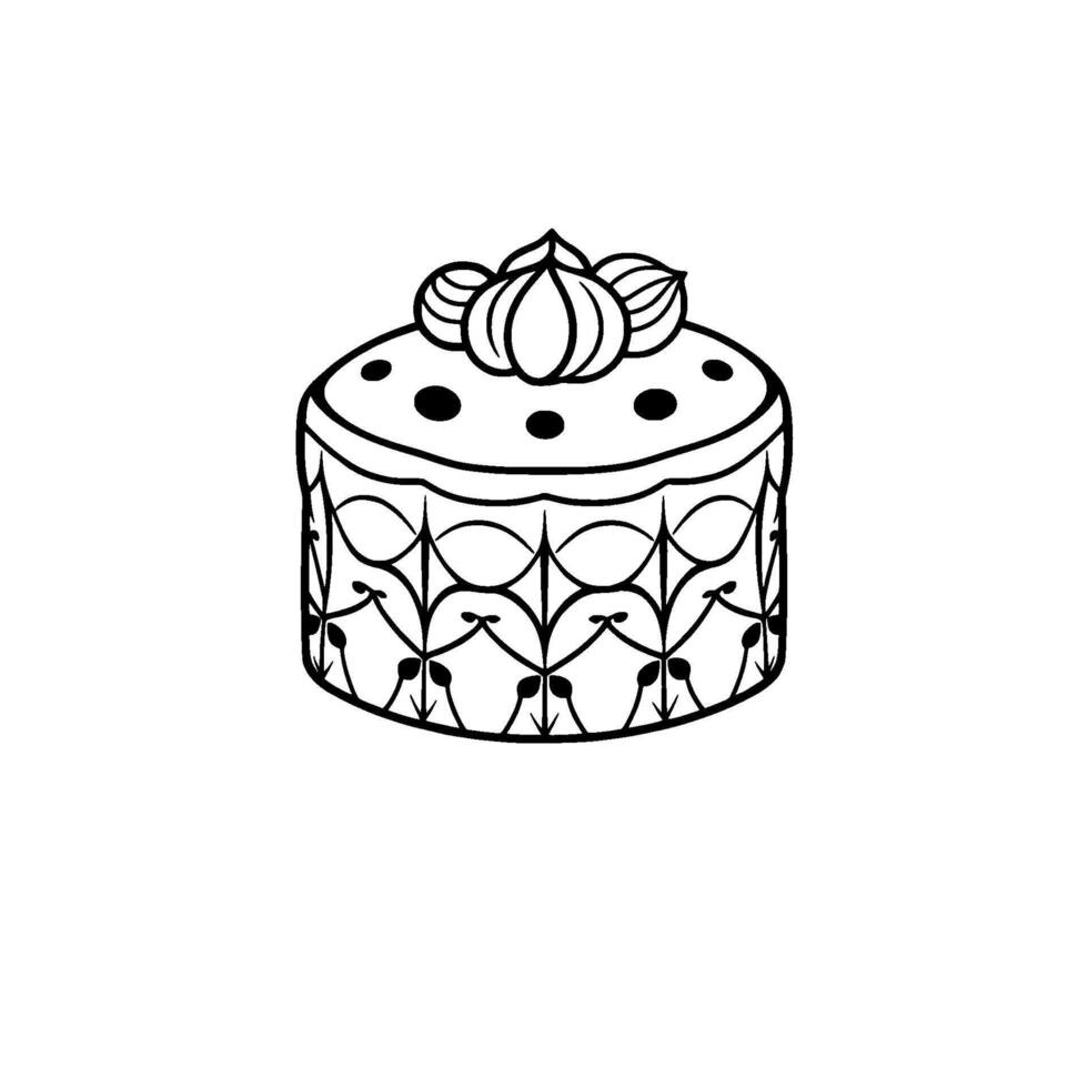 Intricate Black and White Cake Illustration Ornamental , Layered Texture, Decorative Topping, Isolated Dessert . vector