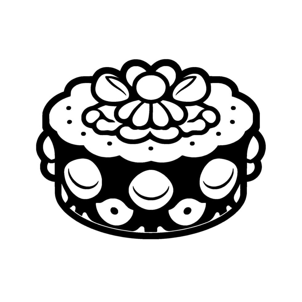 Whimsical Black and White Illustration of a CakeMonster Hybrid with a Floral Topping and Smiling Eyes, Representing Playful Fun vector