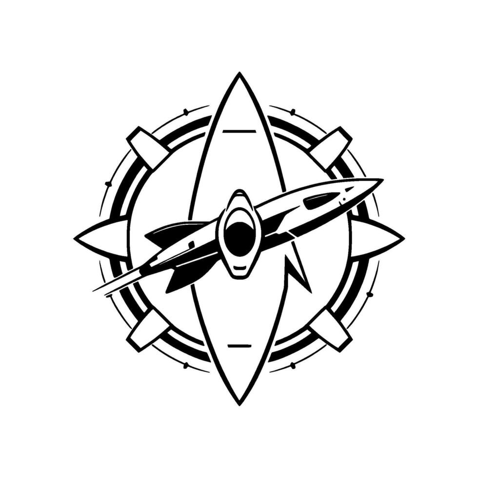 Black and white of a spaceship inside a compass , symbolizing navigation and exploration of the cosmos. vector