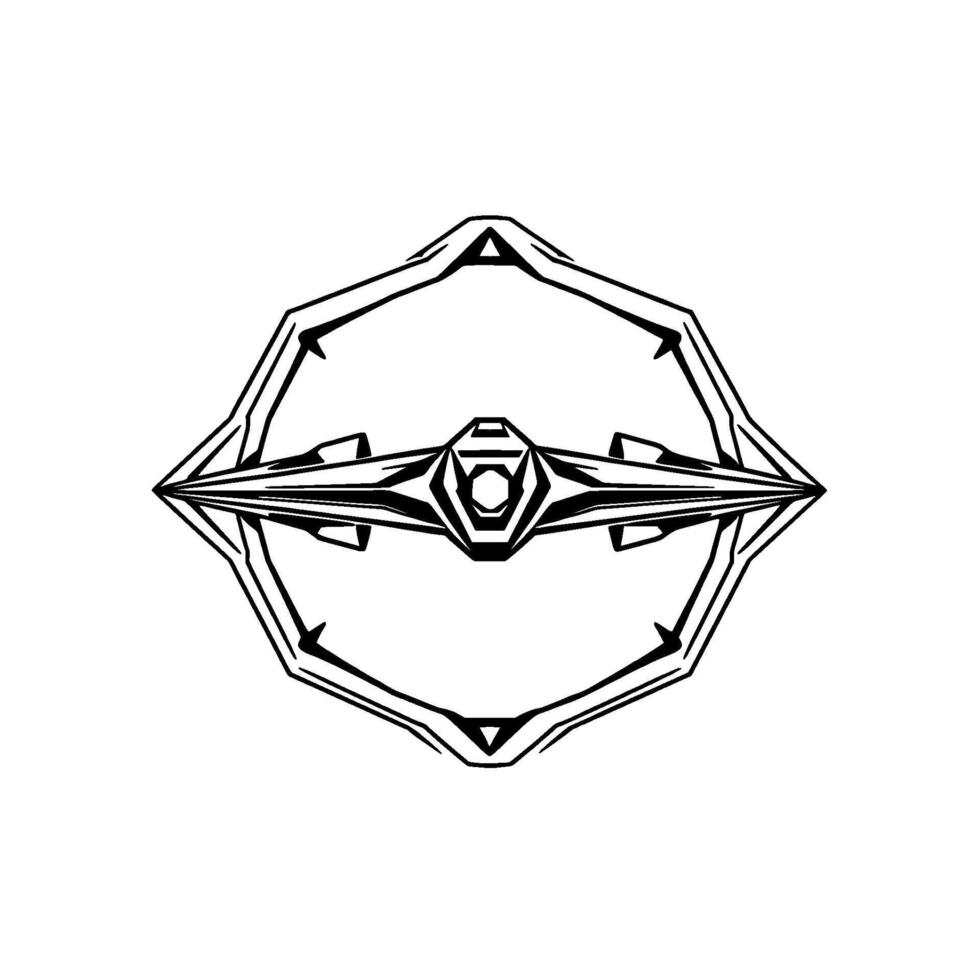 Futuristic symmetrical black and white spacecraft within an angular frame, isolated on white. vector