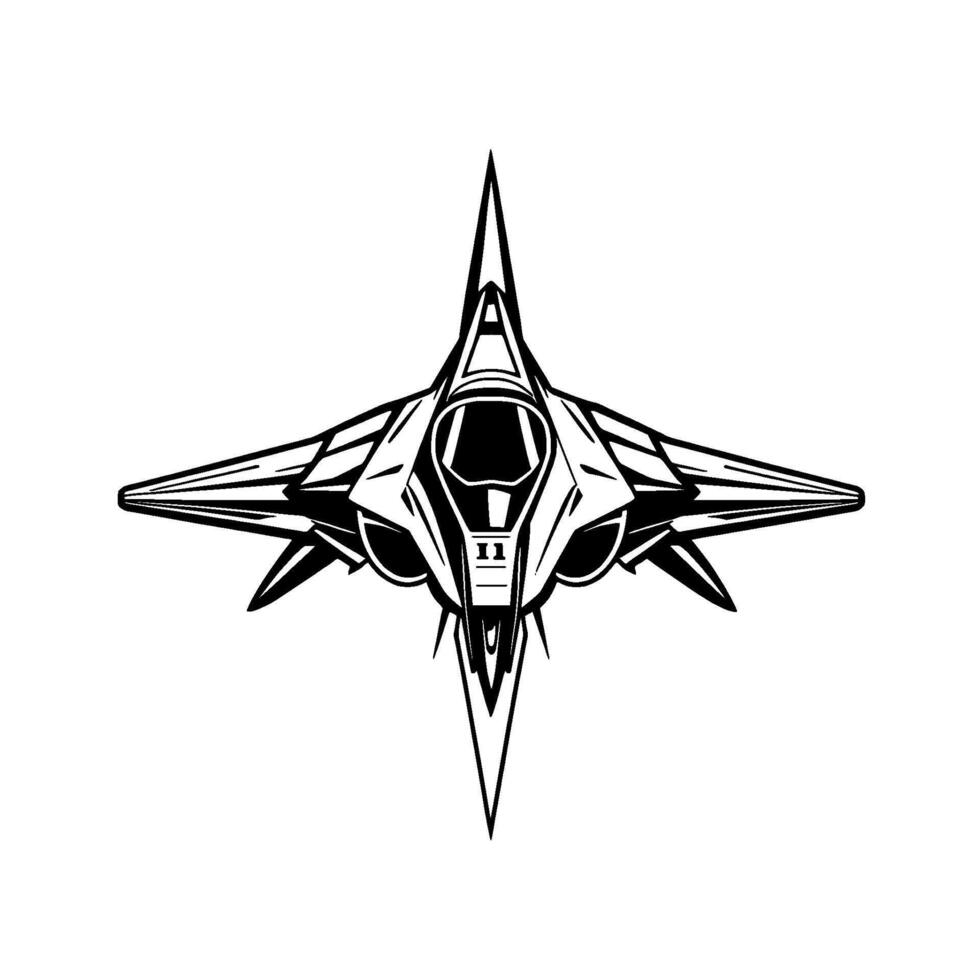 Futuristic Starfighter , Symmetrical Black and White Illustration, Aerial Perspective, Sharp Lines. vector
