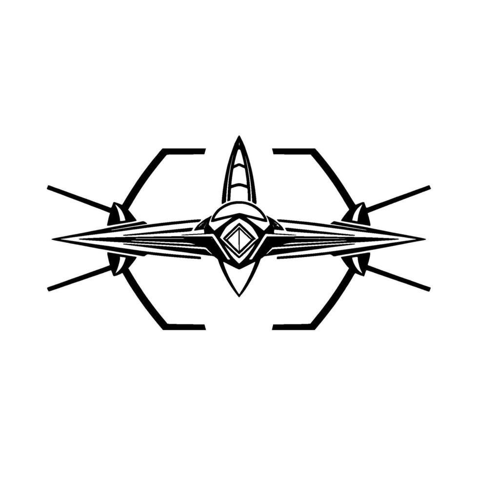 Futuristic, symmetrical, black and white spaceship with geometric patterns and angular wings on a plain white background, evoking sleekness. vector