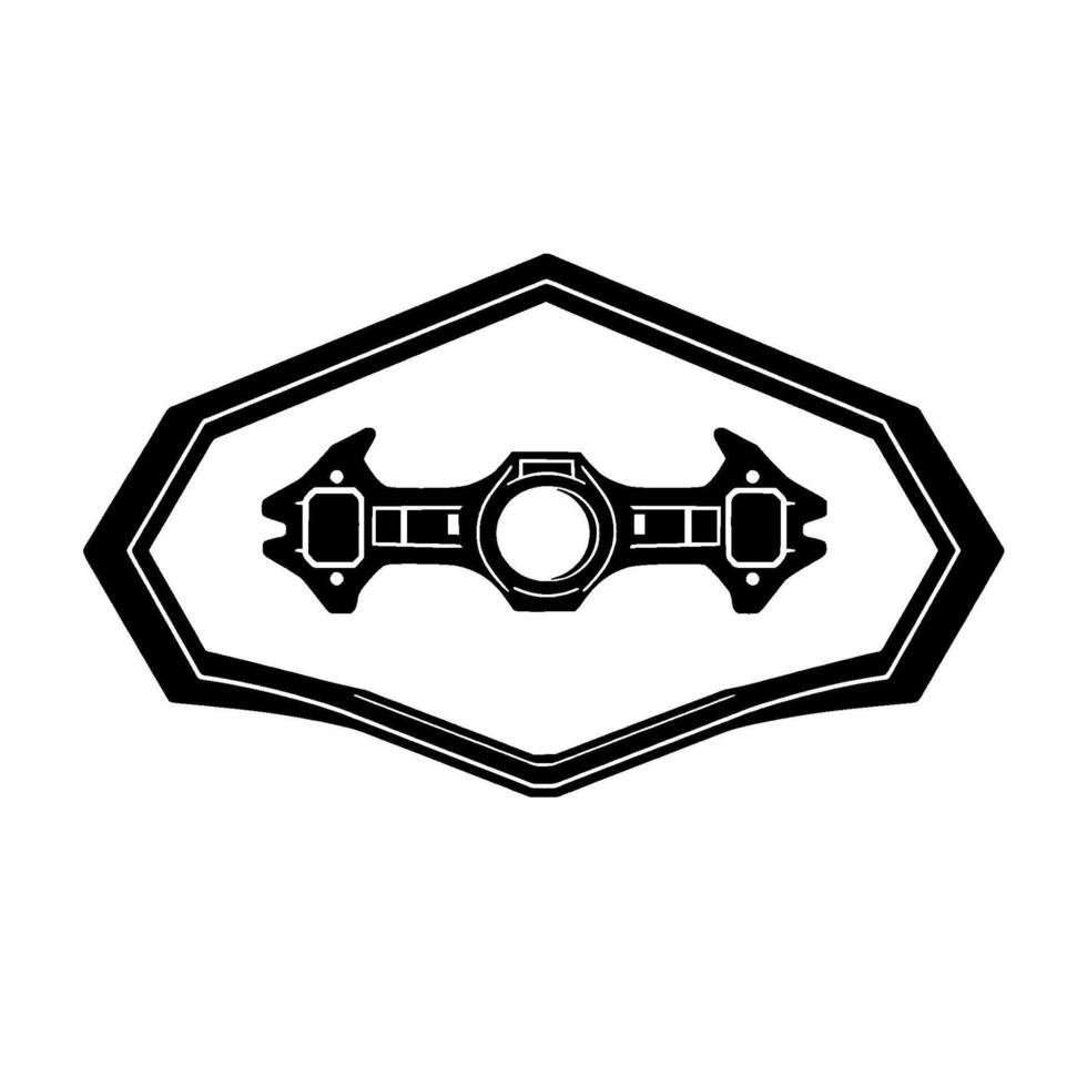 Geometric, symmetrical black and white of a stylized mechanical device within a shaped border, minimalist aesthetic. vector