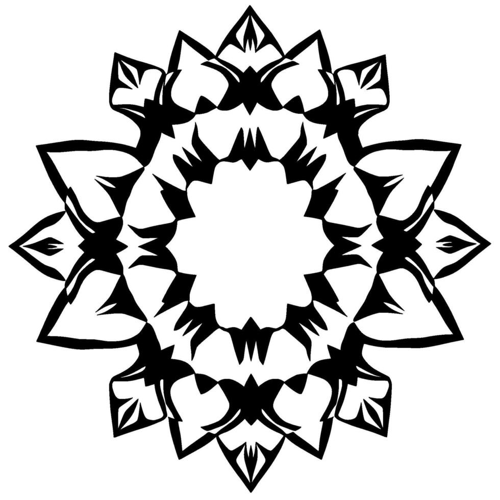 Intricate Black and White Floral Mandala, Symmetrical with Sharp, Geometric Petals radiating outwards from a central circular void. vector