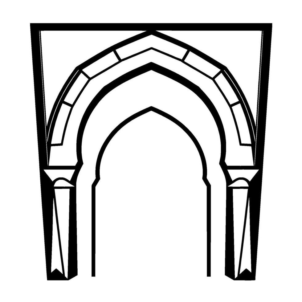 Architectural Line Art Elegant Islamic Archway in Black, White, and Gray with Multiple Arches. vector