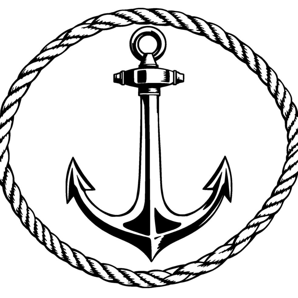 Bold Black and White Nautical Emblem Anchor within a Rope Circle, Minimalist for Maritime Themes. vector