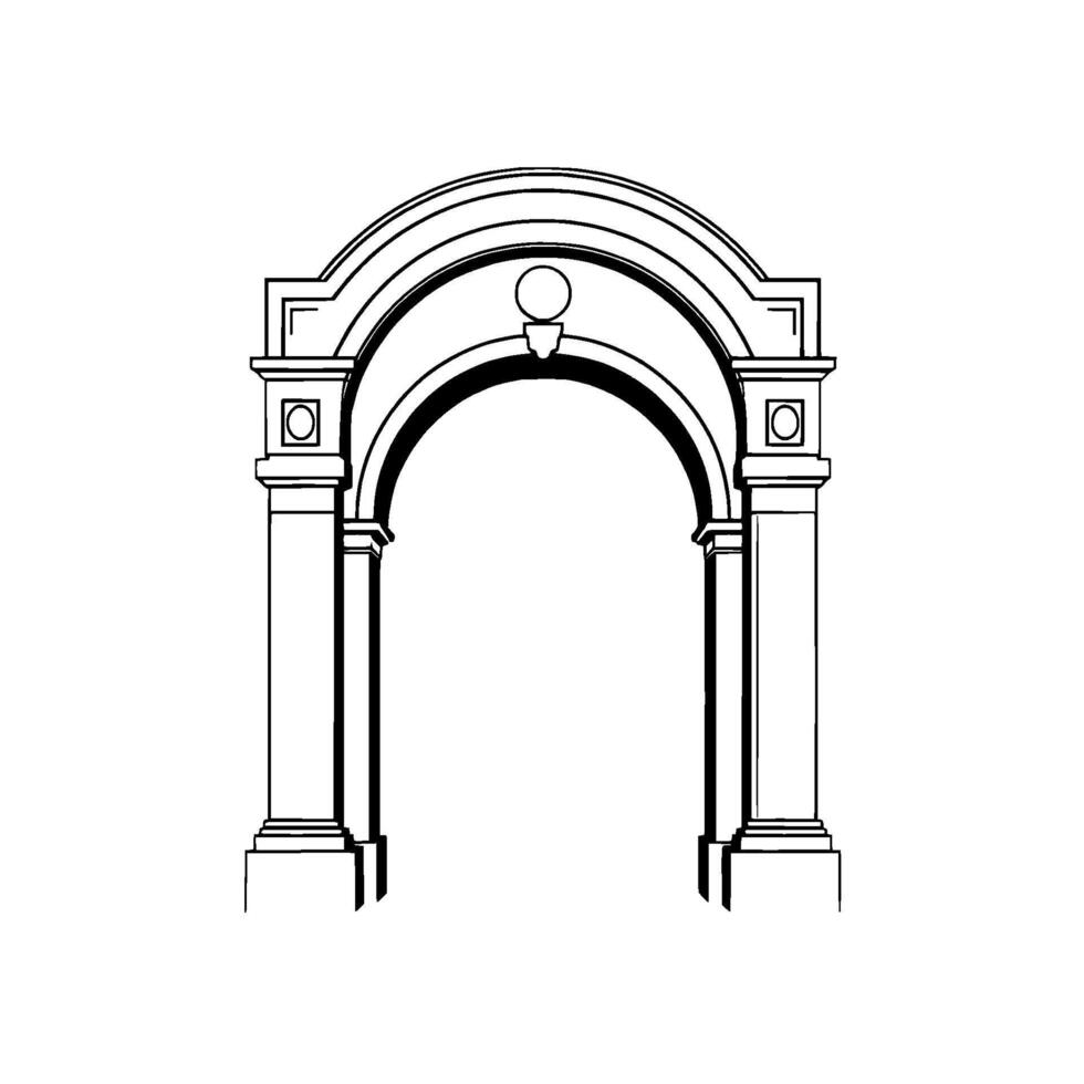 Architectural Line Drawing Symmetrical, BlackandWhite Depiction of an Arched Gateway with Columns, Minimalist , Isolated on White. vector